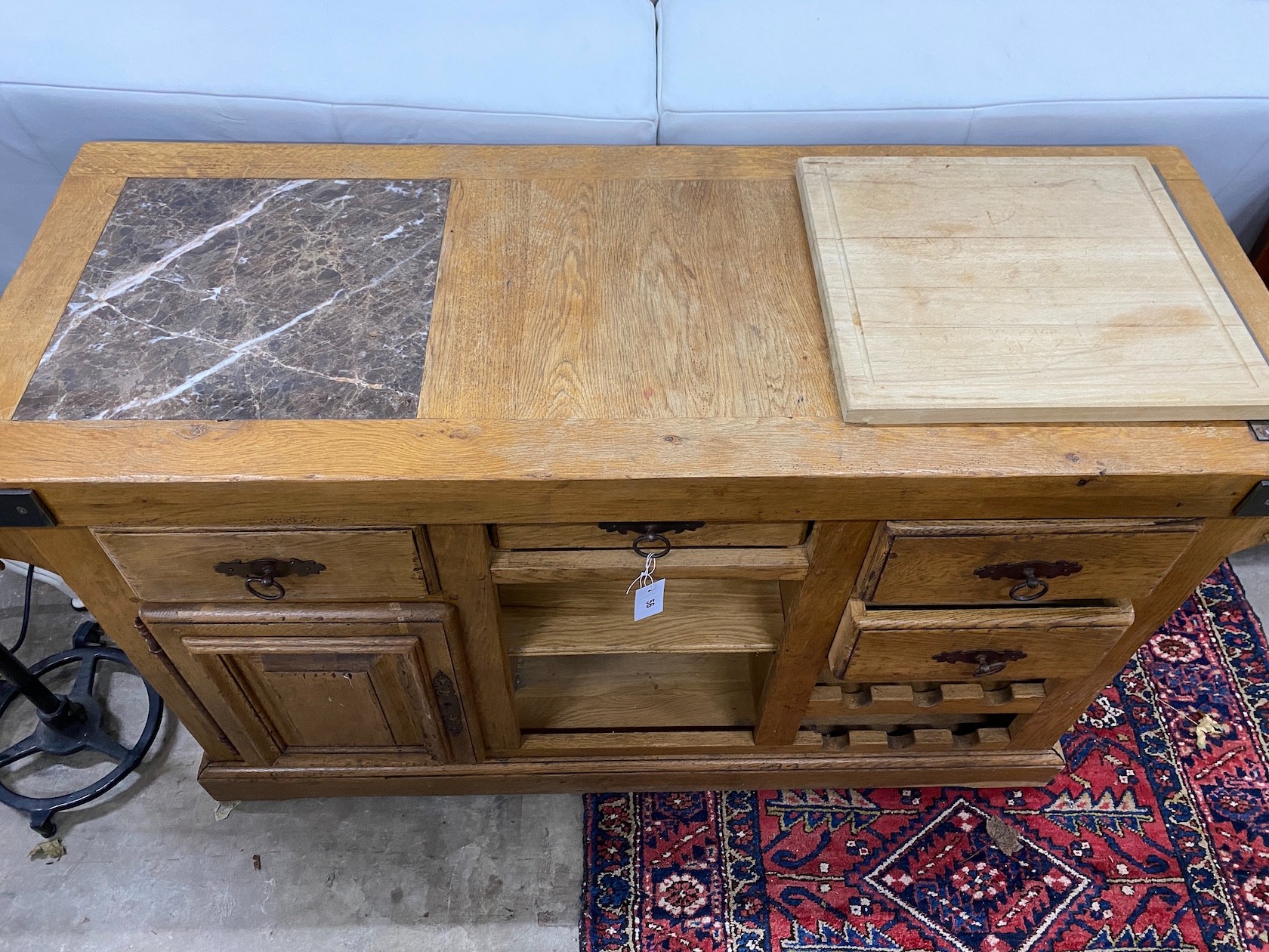 A modern oak butcher's block/kitchen island, width 130cm, depth 51cm, height 81cm